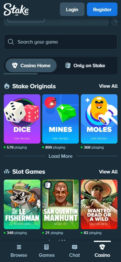 Stake mobile casino screenshot