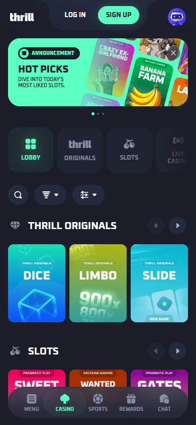 Thrill mobile casino screenshot